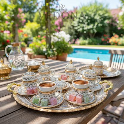 Beyaz/Mine İşlemeli Kahve Fincan Takımı Tepsili