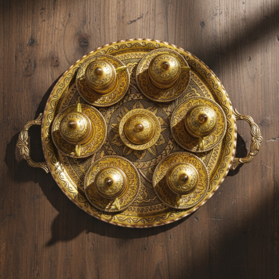 Gold/Mine İşlemeli Kahve Fincan Takımı Tepsili